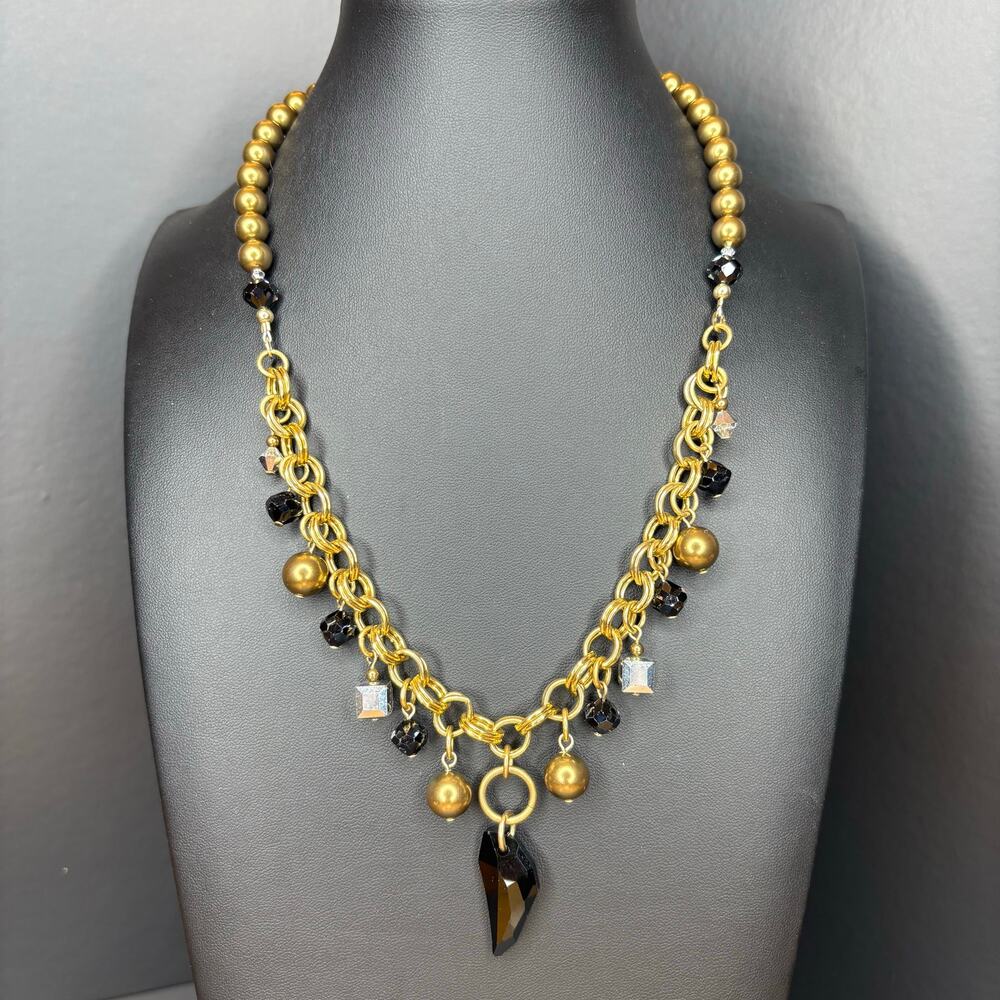 NWT Vintage Emily Ray Necklace Emily Ray Black and Gold Glass Necklace 16"